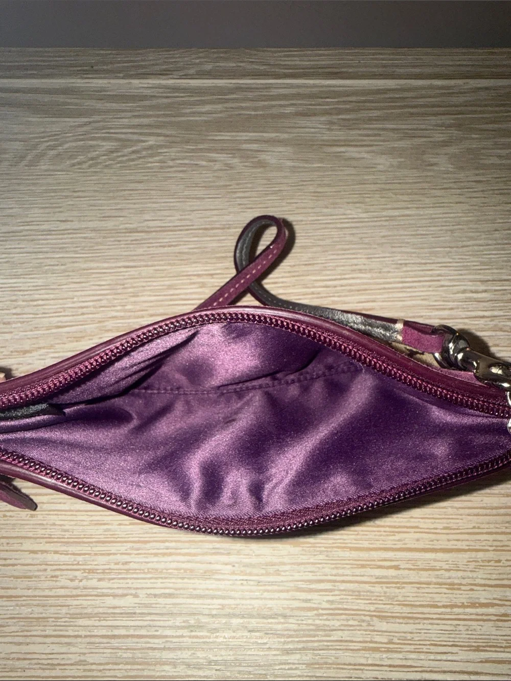 Coach Brown Signature Canvas Wristlet with Plum Trim
